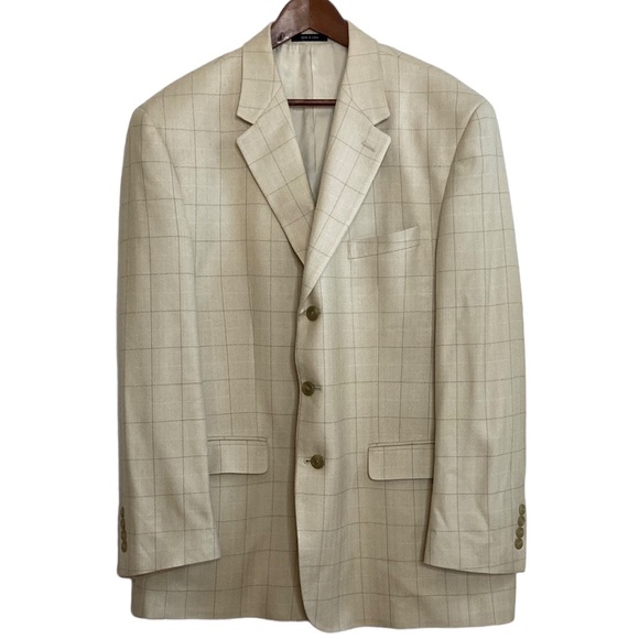 Lauren Ralph Lauren Sport Coat Mens 46R Silk Cream Herringbone Windowpane Blazer - Picture 2 of 16